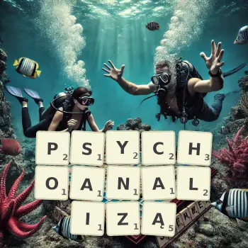 Kreatywna ilustracja do gry w Scrabble ze słowem PSYCHOANALIZĄ ułożonym z płytek na planszy.