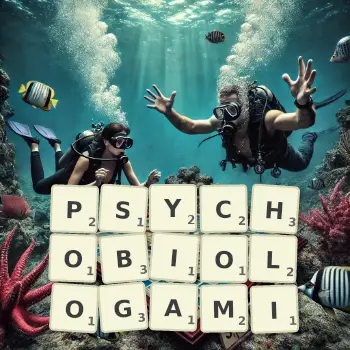 Kreatywna ilustracja do gry w Scrabble ze słowem PSYCHOBIOLOGAMI ułożonym z płytek na planszy.