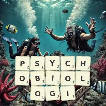 Kreatywna ilustracja do gry w Scrabble ze słowem PSYCHOBIOLOGI ułożonym z płytek na planszy.