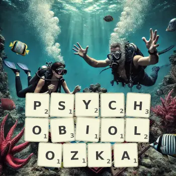 Kreatywna ilustracja do gry w Scrabble ze słowem PSYCHOBIOLOZKA ułożonym z płytek na planszy.