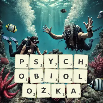 Kreatywna ilustracja do gry w Scrabble ze słowem PSYCHOBIOLOŻKA ułożonym z płytek na planszy.