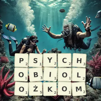 Kreatywna ilustracja do gry w Scrabble ze słowem PSYCHOBIOLOŻKOM ułożonym z płytek na planszy.