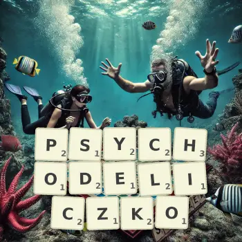 Kreatywna ilustracja do gry w Scrabble ze słowem PSYCHODELICZKO ułożonym z płytek na planszy.