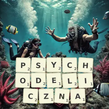 Kreatywna ilustracja do gry w Scrabble ze słowem PSYCHODELICZNA ułożonym z płytek na planszy.