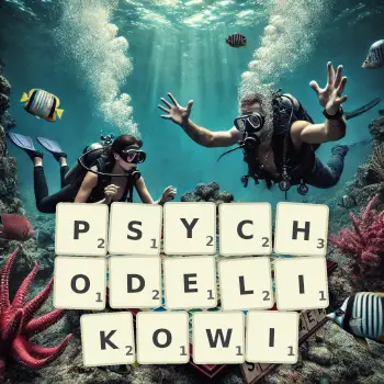 Kreatywna ilustracja do gry w Scrabble ze słowem PSYCHODELIKOWI ułożonym z płytek na planszy.
