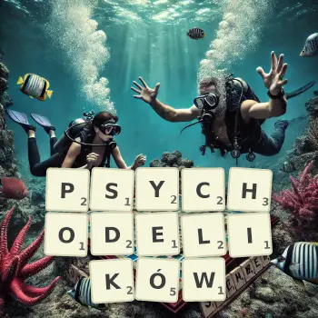 Kreatywna ilustracja do gry w Scrabble ze słowem PSYCHODELIKÓW ułożonym z płytek na planszy.