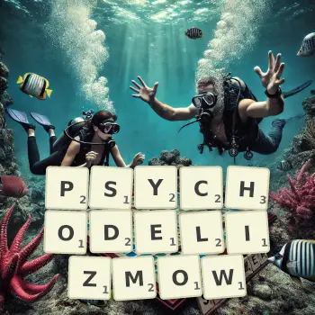 Kreatywna ilustracja do gry w Scrabble ze słowem PSYCHODELIZMOW ułożonym z płytek na planszy.