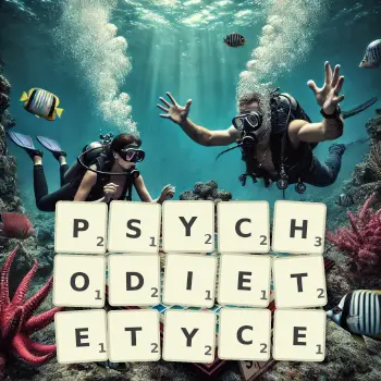 Kreatywna ilustracja do gry w Scrabble ze słowem PSYCHODIETETYCE ułożonym z płytek na planszy.