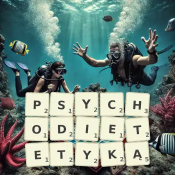 Kreatywna ilustracja do gry w Scrabble ze słowem PSYCHODIETETYKĄ ułożonym z płytek na planszy.