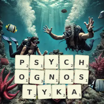 Kreatywna ilustracja do gry w Scrabble ze słowem PSYCHOGNOSTYKA ułożonym z płytek na planszy.