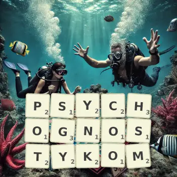 Kreatywna ilustracja do gry w Scrabble ze słowem PSYCHOGNOSTYKOM ułożonym z płytek na planszy.