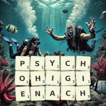 Kreatywna ilustracja do gry w Scrabble ze słowem PSYCHOHIGIENACH ułożonym z płytek na planszy.