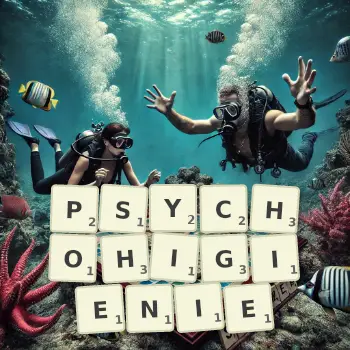 Kreatywna ilustracja do gry w Scrabble ze słowem PSYCHOHIGIENIE ułożonym z płytek na planszy.