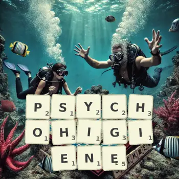 Kreatywna ilustracja do gry w Scrabble ze słowem PSYCHOHIGIENĘ ułożonym z płytek na planszy.