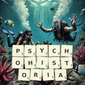 Kreatywna ilustracja do gry w Scrabble ze słowem PSYCHOHISTORIA ułożonym z płytek na planszy.