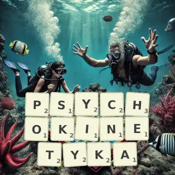 Kreatywna ilustracja do gry w Scrabble ze słowem PSYCHOKINETYKA ułożonym z płytek na planszy.