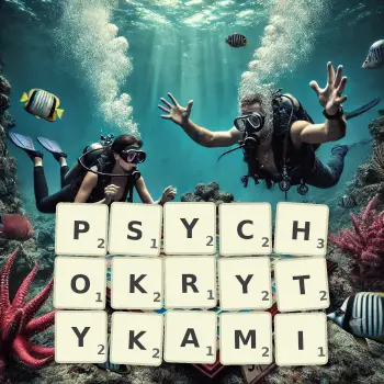 Kreatywna ilustracja do gry w Scrabble ze słowem PSYCHOKRYTYKAMI ułożonym z płytek na planszy.