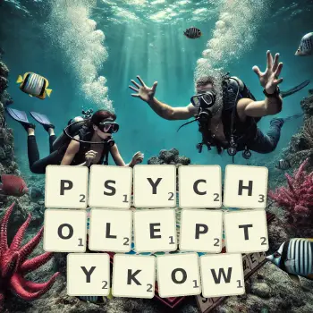 Kreatywna ilustracja do gry w Scrabble ze słowem PSYCHOLEPTYKOW ułożonym z płytek na planszy.