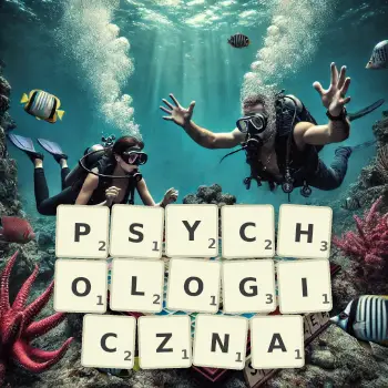 Kreatywna ilustracja do gry w Scrabble ze słowem PSYCHOLOGICZNA ułożonym z płytek na planszy.