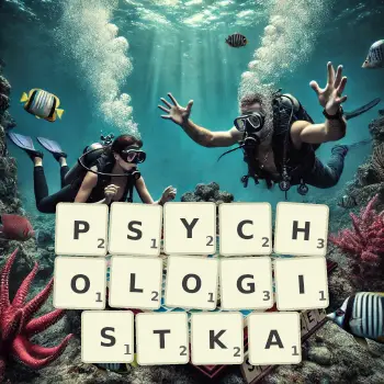 Kreatywna ilustracja do gry w Scrabble ze słowem PSYCHOLOGISTKA ułożonym z płytek na planszy.