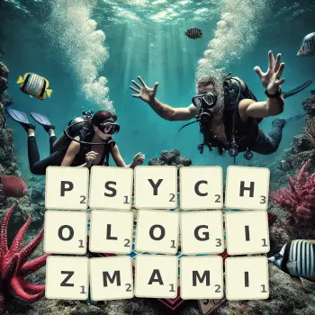 Kreatywna ilustracja do gry w Scrabble ze słowem PSYCHOLOGIZMAMI ułożonym z płytek na planszy.
