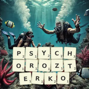Kreatywna ilustracja do gry w Scrabble ze słowem PSYCHOROZTERKO ułożonym z płytek na planszy.
