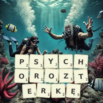 Kreatywna ilustracja do gry w Scrabble ze słowem PSYCHOROZTERKĘ ułożonym z płytek na planszy.