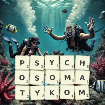 Kreatywna ilustracja do gry w Scrabble ze słowem PSYCHOSOMATYKOM ułożonym z płytek na planszy.