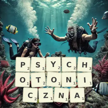 Kreatywna ilustracja do gry w Scrabble ze słowem PSYCHOTONICZNA ułożonym z płytek na planszy.
