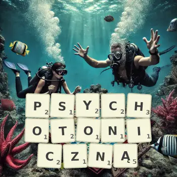 Kreatywna ilustracja do gry w Scrabble ze słowem PSYCHOTONICZNĄ ułożonym z płytek na planszy.
