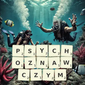 Kreatywna ilustracja do gry w Scrabble ze słowem PSYCHOZNAWCZYM ułożonym z płytek na planszy.