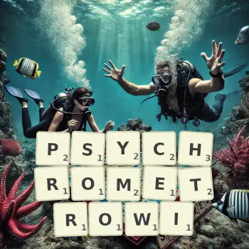 Kreatywna ilustracja do gry w Scrabble ze słowem PSYCHROMETROWI ułożonym z płytek na planszy.