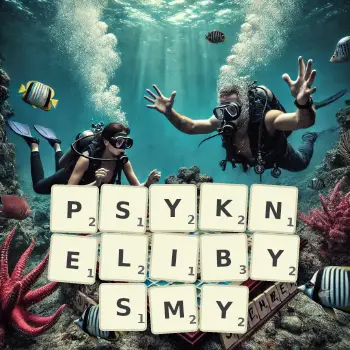 Kreatywna ilustracja do gry w Scrabble ze słowem PSYKNELIBYSMY ułożonym z płytek na planszy.