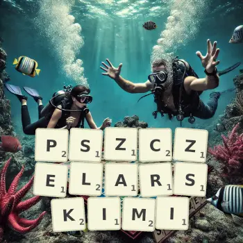 Kreatywna ilustracja do gry w Scrabble ze słowem PSZCZELARSKIMI ułożonym z płytek na planszy.