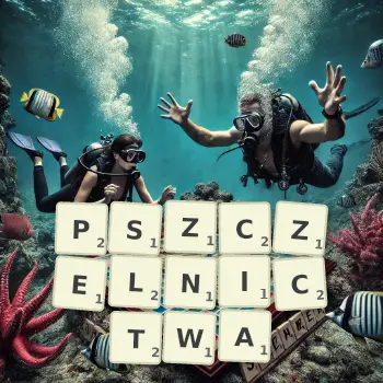 Kreatywna ilustracja do gry w Scrabble ze słowem PSZCZELNICTWA ułożonym z płytek na planszy.