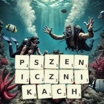 Kreatywna ilustracja do gry w Scrabble ze słowem PSZENICZNIKACH ułożonym z płytek na planszy.