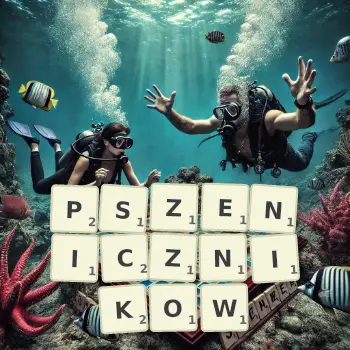 Kreatywna ilustracja do gry w Scrabble ze słowem PSZENICZNIKOW ułożonym z płytek na planszy.