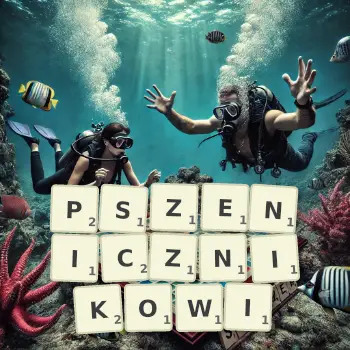Kreatywna ilustracja do gry w Scrabble ze słowem PSZENICZNIKOWI ułożonym z płytek na planszy.