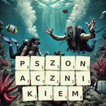Kreatywna ilustracja do gry w Scrabble ze słowem PSZONACZNIKIEM ułożonym z płytek na planszy.