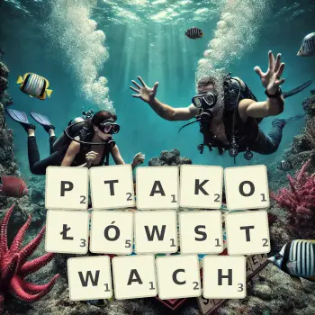 Kreatywna ilustracja do gry w Scrabble ze słowem PTAKOŁÓWSTWACH ułożonym z płytek na planszy.