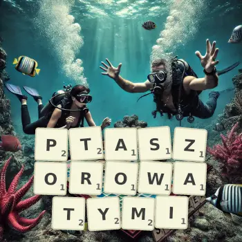 Kreatywna ilustracja do gry w Scrabble ze słowem PTASZOROWATYMI ułożonym z płytek na planszy.