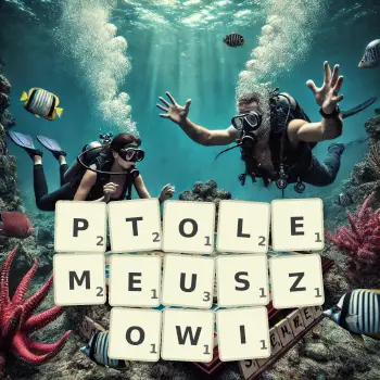Kreatywna ilustracja do gry w Scrabble ze słowem PTOLEMEUSZOWI ułożonym z płytek na planszy.