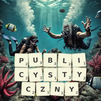 Kreatywna ilustracja do gry w Scrabble ze słowem PUBLICYSTYCZNY ułożonym z płytek na planszy.
