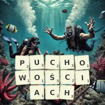 Kreatywna ilustracja do gry w Scrabble ze słowem PUCHOWOŚCIACH ułożonym z płytek na planszy.