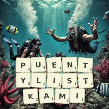 Kreatywna ilustracja do gry w Scrabble ze słowem PUENTYLISTKAMI ułożonym z płytek na planszy.