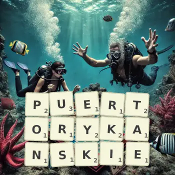 Kreatywna ilustracja do gry w Scrabble ze słowem PUERTORYKANSKIE ułożonym z płytek na planszy.