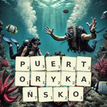 Kreatywna ilustracja do gry w Scrabble ze słowem PUERTORYKAŃSKO ułożonym z płytek na planszy.