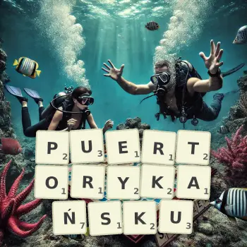 Kreatywna ilustracja do gry w Scrabble ze słowem PUERTORYKAŃSKU ułożonym z płytek na planszy.