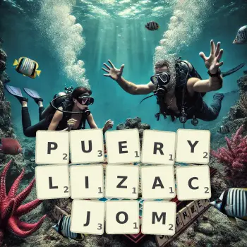 Kreatywna ilustracja do gry w Scrabble ze słowem PUERYLIZACJOM ułożonym z płytek na planszy.