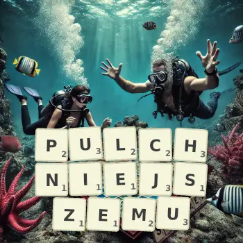 Kreatywna ilustracja do gry w Scrabble ze słowem PULCHNIEJSZEMU ułożonym z płytek na planszy.